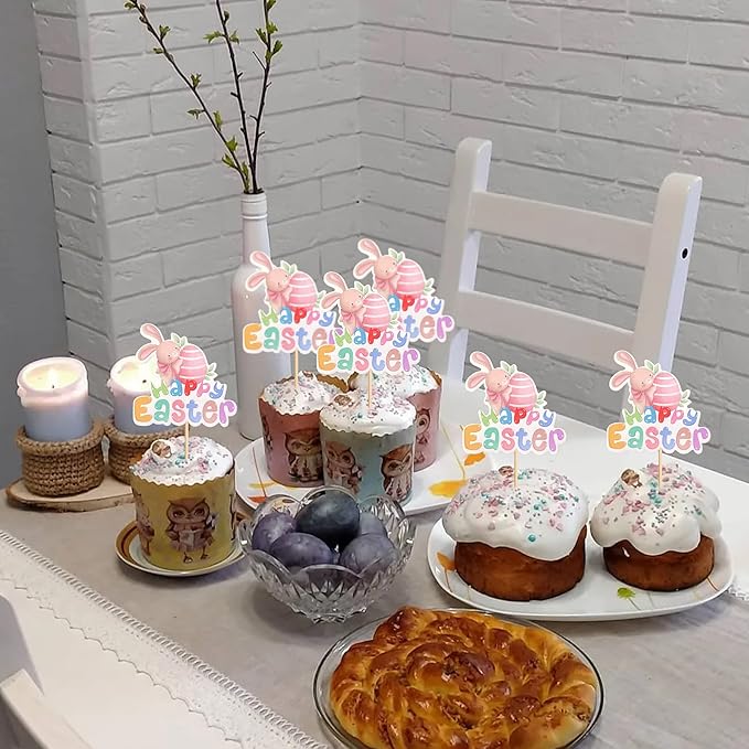 Ercadio 24Pcs Printed Happy Easter Cupcake Toppers Cute Easter Rabbit Eggs Cupcake Picks for Easter Baby Shower Kids Boys Girls Birthday Party Cupcake Decoration Supplies