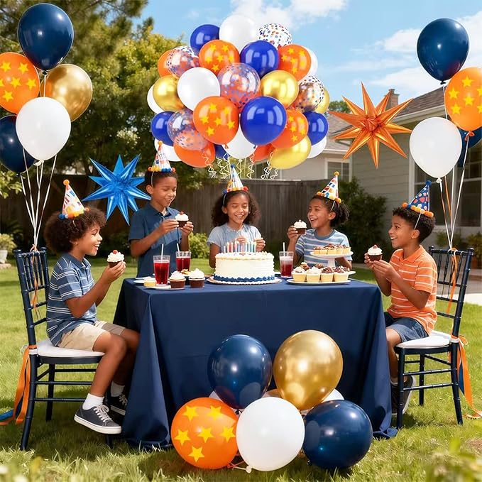 Blue Orange Gold Balloon 64Pcs 12 Inch，Pentagram Print Balloons for Cartoon Themed Birthday Party Decorations Boys Girls Gatherings Party Supplies