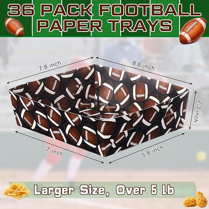 Teling 36 Pack Football Party Supplies Large 5 lb Football Plates Trays Bowls Paper Food Boats Disposable Nacho Serving Snack Trays for Sport Themed Birthday and Tailgate Party Decorations Favors