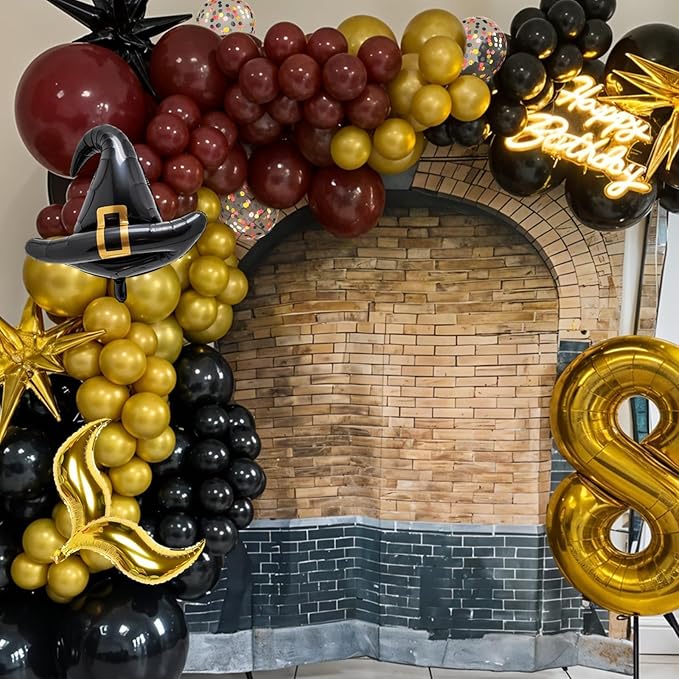 Black Burgundy Balloons, 12 Inch Maroon Black Gold Confetti Balloons with DIY Hat and Gold S-shaped Foil Balloon for Boy Girl Birthday Party Graduation Baby Shower Decorations
