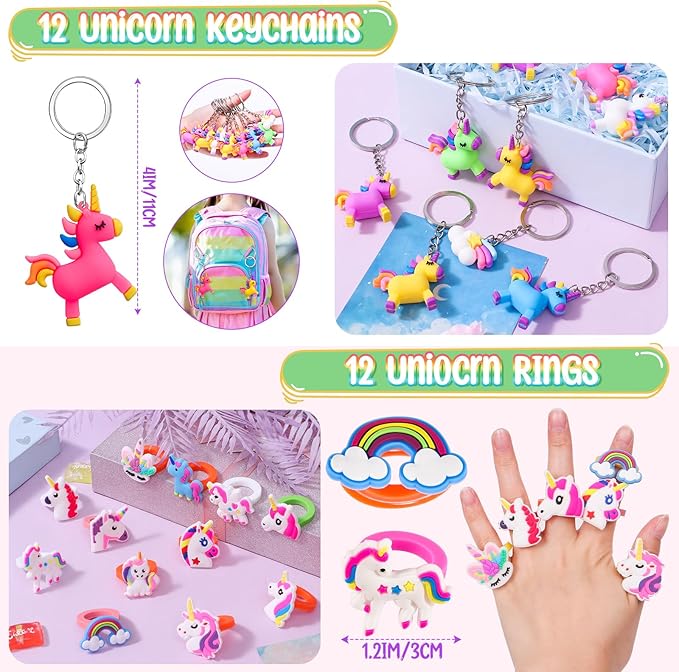 Winrayk 146Pcs Unicorn Party Favors Birthday Supplies Girls, Headband Bag Bracelet Stamper Keychain Slap Bracelet Tattoo Sticker Ring, Goodie Stuffer Pinata Filler Rainbow Unicorn Party Supplies Decor