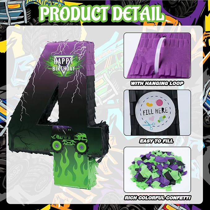 Monster Truck Car Number 4 Pinata for 4th Birthday Party Decorations, Birthday Pinata with Stick Blindfold and Confetti for Green and Purple Party Supplies Celebration (Small, 15.8 x 11.5 x 2.45 In)