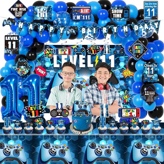11th Birthday Decorations for Boys, 149Pcs Blue Video Game level 11 Party Supplies for Boy 11th Birthday - Backdrop, Banner, Balloons, Tablecloth, Centerpieces, Hanging Swirls, Wall Signs