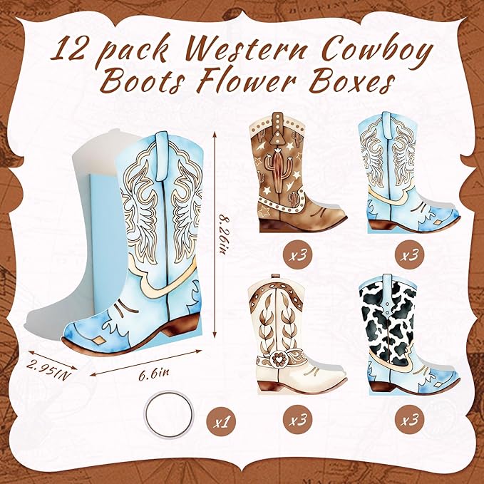 12 Set Western Boots Flower Boxes Centerpiece Boot Shape Gift Boxes Party Decoration Vase Centerpieces for Tables Boots Rodeo Birthday Baby Shower Supplies(Western Blue,Cow)