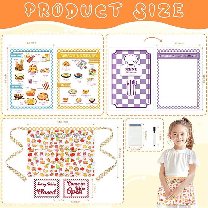7 Pieces Restaurant Server Play Toys Set Pretend Play Restaurant Food Kids Waitress Set Pretend Restaurant Menus with Play Kitchen Dress Up Clothes for Toddler Girls Boys Party Learning Birthday Gift