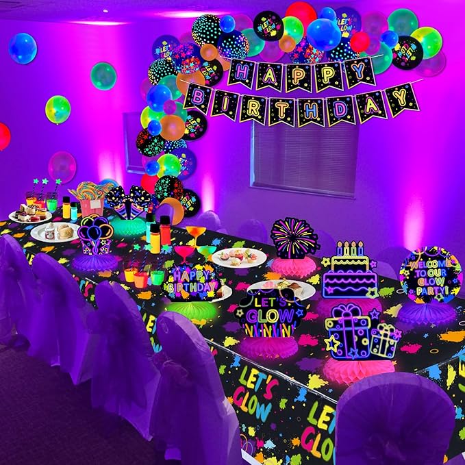 10 Pieces Glow in The Dark Party Table Decorations, Neon Table Honeycomb Centerpiece and Let's Glow Tablecloths Set - Black Light Table Topper Neon Decorations for Kids Glow in Dark Party Supplies