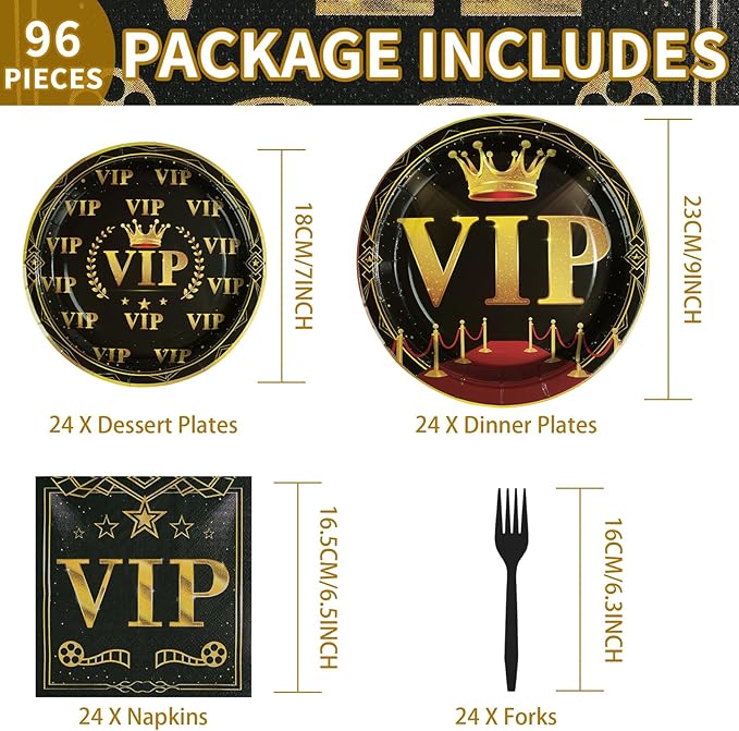 96 Pcs VIP Party Decoration Tableware 350 GSM Disposable Movie Night Red Carpet Plates and Napkins Party Supplies for Film Show Star VIP Celebrity Event Prom Red Carpet Runner for Party Serves 24
