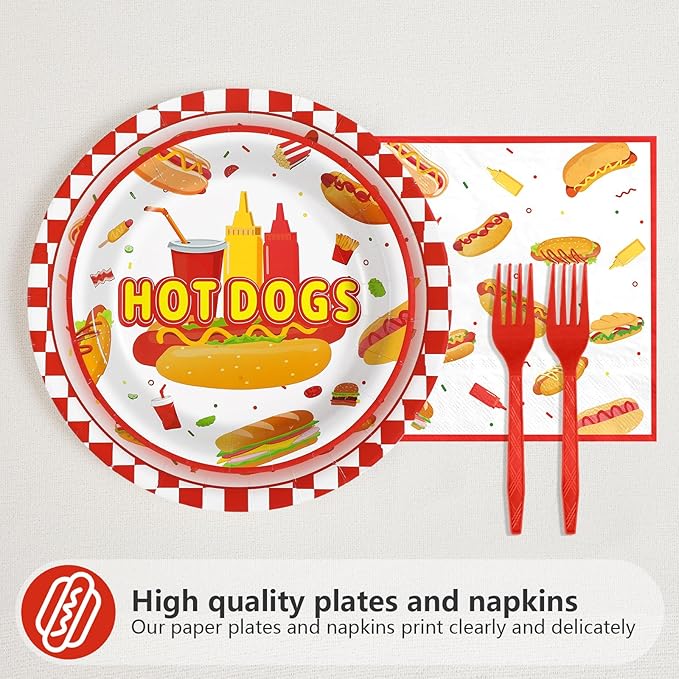 Grencian 96Pcs Hot Dog Birthday Party Supplies Fast Food Party Plates and Napkins Disposable Hotdog Birthday Decorations Tableware Set for Adults Kids Picnic Baby Shower Sausage BBQ Serves 24