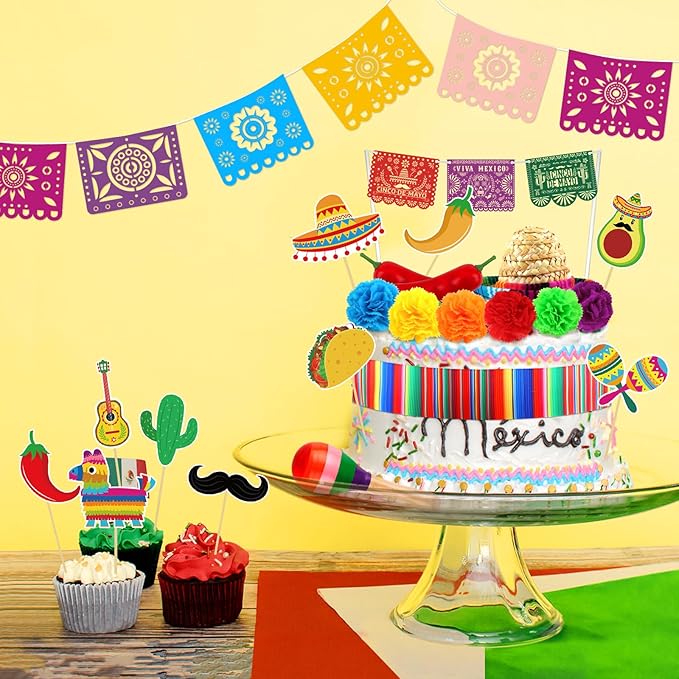 Hooqict 33Pcs Fiesta Cake Decorations Set with Mini Papel Picado Banner, Serape Ribbon, Cactus, Taco and Flower Mexican Cake Toppers & Cupcake Toppers for Cinco de Mayo Mexican Theme Party Decorations