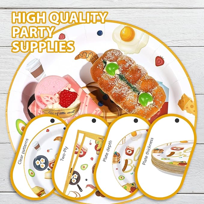 96Pcs Let's Brunch Party Supplies Breakfast Food Theme Plates and Napkins Brunch Tableware Set for Birthday Baby Shower Bachelorette Bridal Shower Party Supplies，Serves 24
