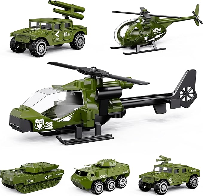 Die-cast Military Army Vehicles, 6 Pack Alloy Metal Toy Models Set - Tank, Helicopter, Panzer, Anti-Aircraft Vehicle, Gifts for Kids Boys Age 6 7 8 9 (1:87 Scale)