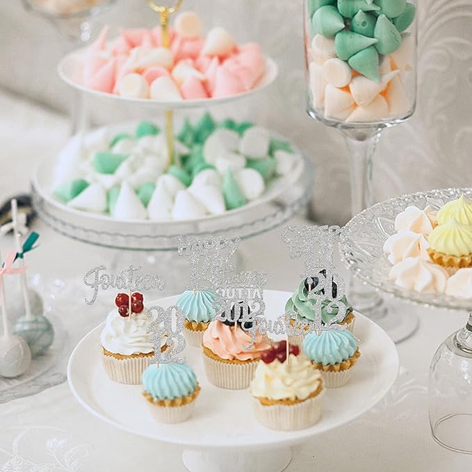 30PCS 14th Birthday Cupcake Toppers Glitter Fourteen Happy 14th Straight Outta 2012 Cupcake Picks for Cheers to 14 Years 14th Birthday Wedding Anniversary Party Decoration Supplies Silver