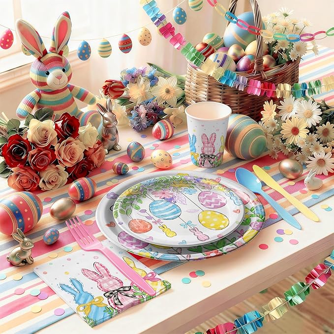 168PCS Happy Easter Party Supplies Floral Egg Party Decorations Easter Bunny Paper Plates Napkins Cups and Forks for Brunch Egg Hunt Spring Celebrations Serves 24