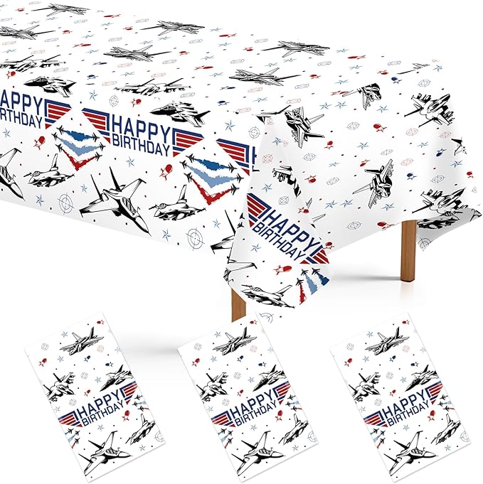 3 Pcs Fighter Jet Pilot Birthday Tablecloth Military Jet Table Cover Plastic Rectangle Airplane Table Cloth Air Force Party Decorations for Boys Pilot Aviation Birthday Party Supplies 54" x 108"