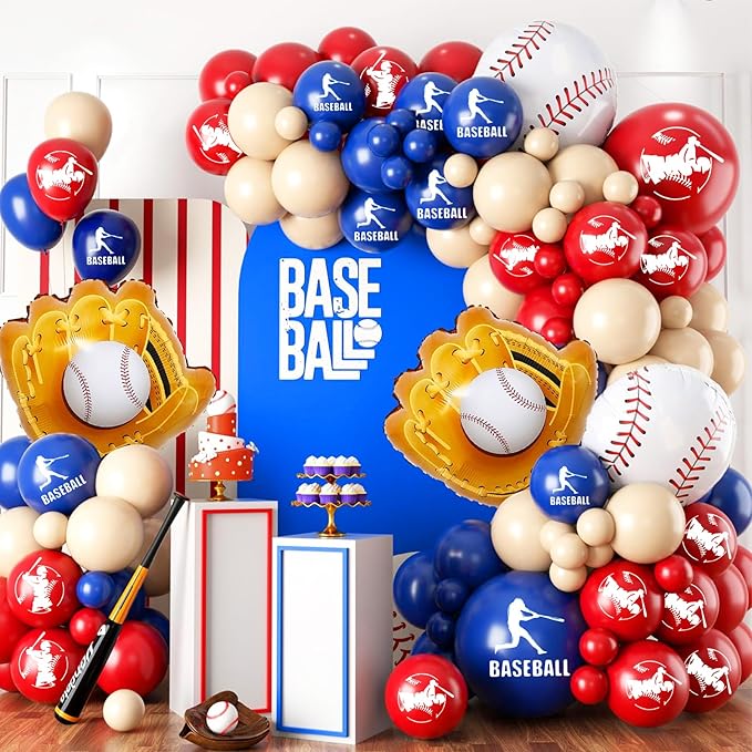 Baseball Balloons, 16Pcs 12Inch Red Blue Brown Confetti Baseball Party Balloons for Boys Kids Boy Baseball Birthday Sport Party Decorations Sports Themed Baby Shower Graduation Party Supplies