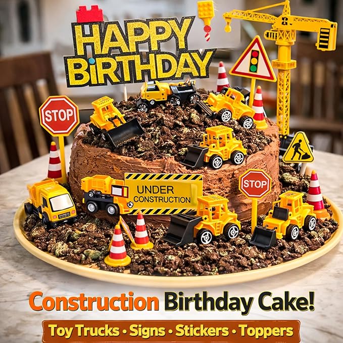 HERCOCCI 25Pcs Construction Cake Topper, Excavator Tower Cupcake Topper Bulldozer Backhoe Traffic Road Sign Cake Decor Vehicles Decorations Construction Birthday Party Supplies