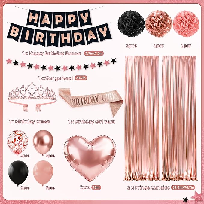 Rose Gold Birthday Decorations, 44Pcs Black & Rose Gold Birthdays Decorations for Women Include Birthday Girl Sash Crown Fringe Curtain & Foil Balloons for Women Girls Party Supplies