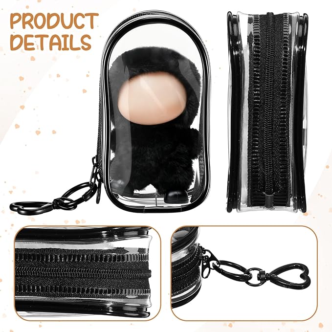 Clear Protective Case Display Accessories for 4.13 Inch 10cm 4.0 Series Plush Doll with Keychain, PVC Hanging Storage Case Cover Doll Storage Bag Figures Dolls Collectible Toys(Black)
