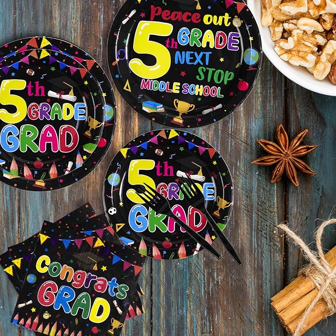 96Pcs 5th Grade Graduation Party Supplies 2025 Fifth Graduation Plates and Napkins Sets Peace Out 5th Grade Next Stop Middle School Decorations Favors for Classroom Congrats Grad Party Serves 24 ﻿