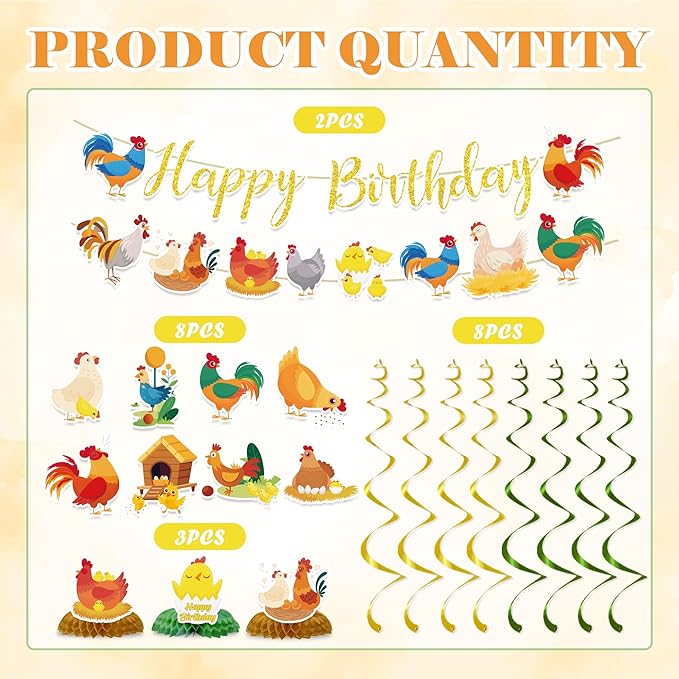 Chicken Birthday Party Decorations Include Chicken Happy Birthday Glitter Banners Hanging Swirls Honeycomb Centerpieces Chick Farm Animal Birthday Theme Party Supplies
