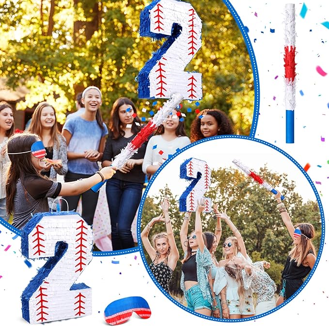 HyDren Baseball Piñata Baseball Party Decorations Number Piñata with Bat, Blindfold and Confetti, 16 Inch Sports Themed Birthday Party Supplies for Celebration Events(Number 2)
