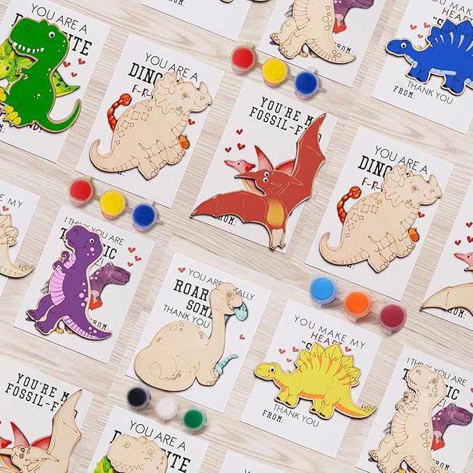 GOGREENWOVEN 24 Pack Dinosaur Party Favors for Kids - DIY Dinosaur Wood Painting Craft Kit with Thank You Cards - Dino Birthday Goodie Bag Fillers & Art Supplies for Boys and Girls