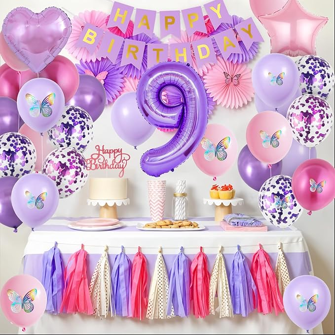 9th Birthday Decorations for Girl,Pink Purple 9th Butterfly Party Decorations 9 Birthday Balloons Pink Purple Banner Number 9 Balloons Cake Topper Butterfly Party Supplies for Girls