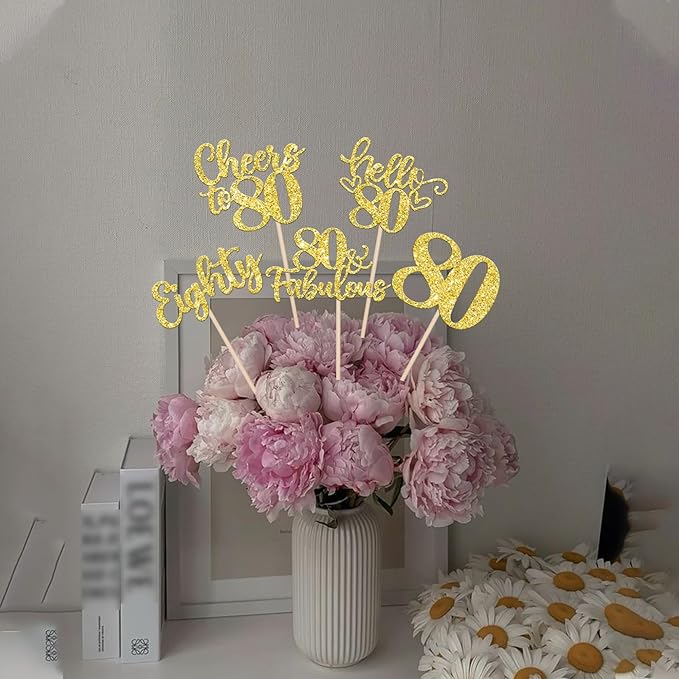 15PCS Happy 80th Birthday Centerpiece Sticks Hello 80 Fabulous Table Flower Centerpieces Sticks Eighteen Cheers to 80 Years Floral Decoration for Happy 80th Birthday Party Centerpieces Sticks Gold