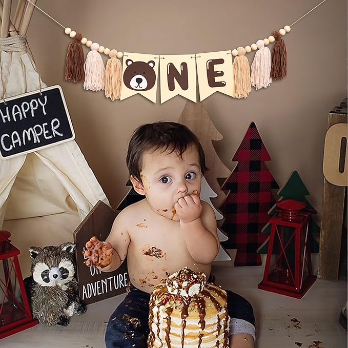 Gostman Bear One High Chair Banner - Beary First Birthday Party Decorations Banner,Happy Camper Party Highchair Banner for 1st Birthday,Camping Themed Party Decor (Bear Tassel Banner)