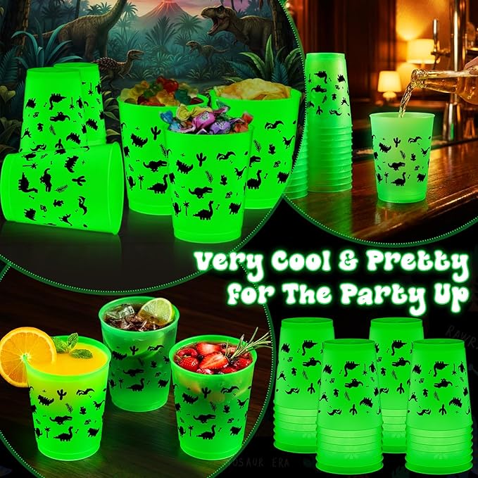 48 Pcs Glow in Dark Dinosaur Cups for Party Favors 12 oz Dinosaur Reusable Plastic Cups Bulk Dino Frosted Tumblers Gifts for Dino Themed Birthday Party Supplies Glow in The Dark Decorations