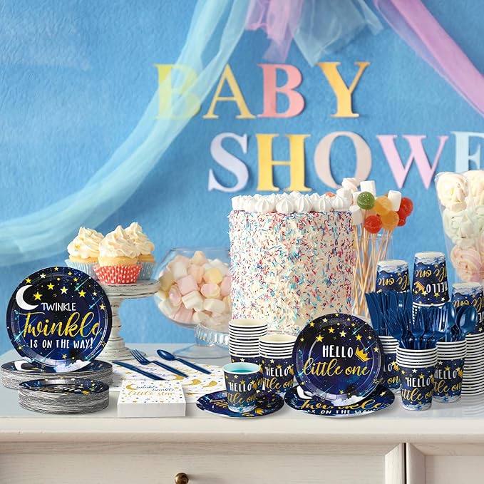 Dandat 350 Pcs Baby Shower Plates Set Baby Shower Party Supplies Serves 50 Tableware Sets Include Plates Napkin Cup Forks Knives Spoons Disposable Dinnerware(Twinkle Twinkle Little Star,Navy blue)