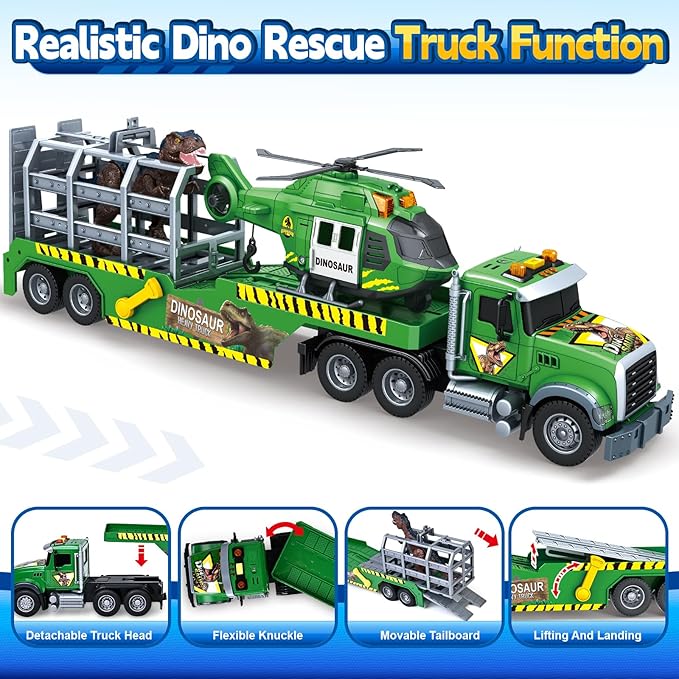 Toddler Boy Toys for 3 4 5 6 7 Years Kids, 21" Semi Flatbed Truck Toy with a Dinosaure Truck, Friction Powered Vehicles Toys with Lights and Sounds, Birthday for Boy Girls