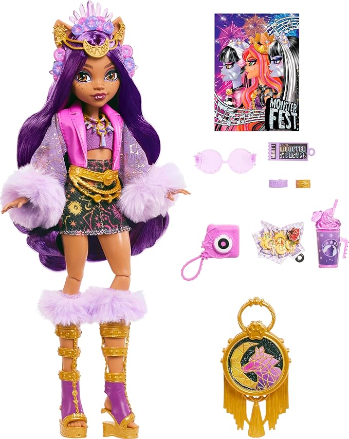 Monster High Monster Fest Doll, Clawdeen Wolf with Glam Outfit & Festival Themed Accessories Like Snacks, Band Poster, Statement Bag & More
