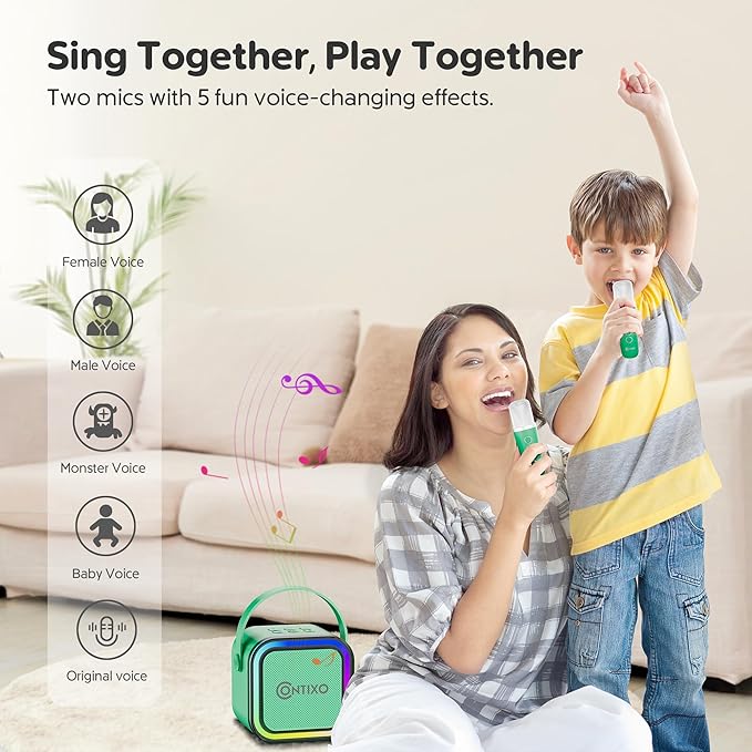 Contixo KS1 Mini Karaoke Machine for Kids, Portable Bluetooth Speaker with 2 Wireless Microphones & Dynamic Lights for Boys & Girls, Home Party Entertainment Toy (Green)