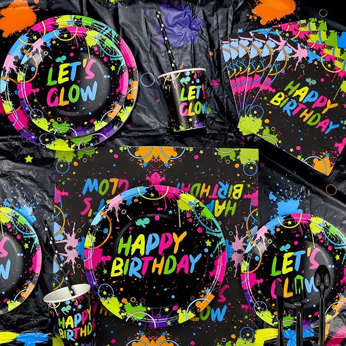 225 Pieces Glow Neon Party Supplies - Balloon, in the Dark Birthday Banner, Garlands, Cake Topper, Tablecloth, Plates, Napkins and Cup for Blacklight Decorations, Serves 20 Guest