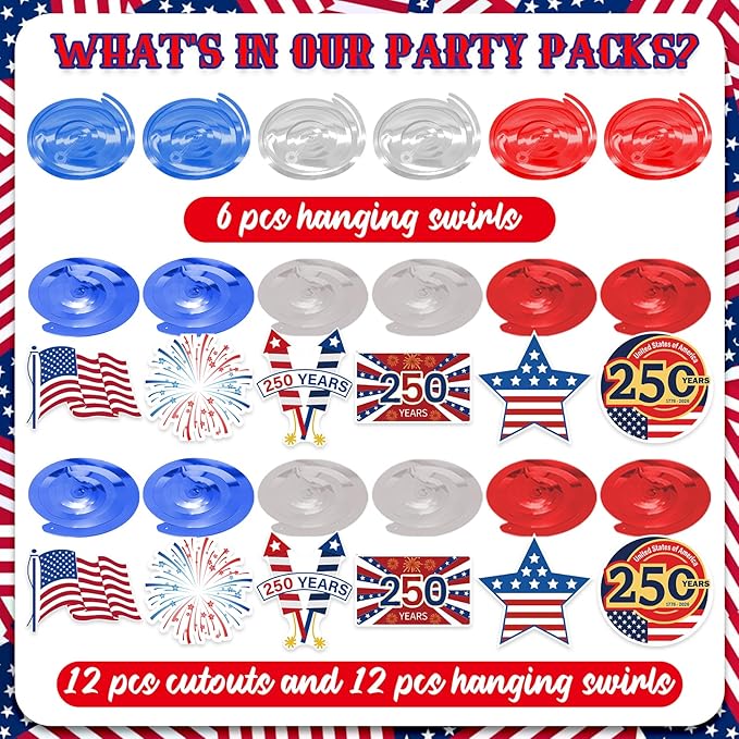 USA 250th Anniversary Hanging Swirls, 30Pcs United States 250 Years Ceiling Streamers Hanging Ornaments for American Anniversary Party Decorations