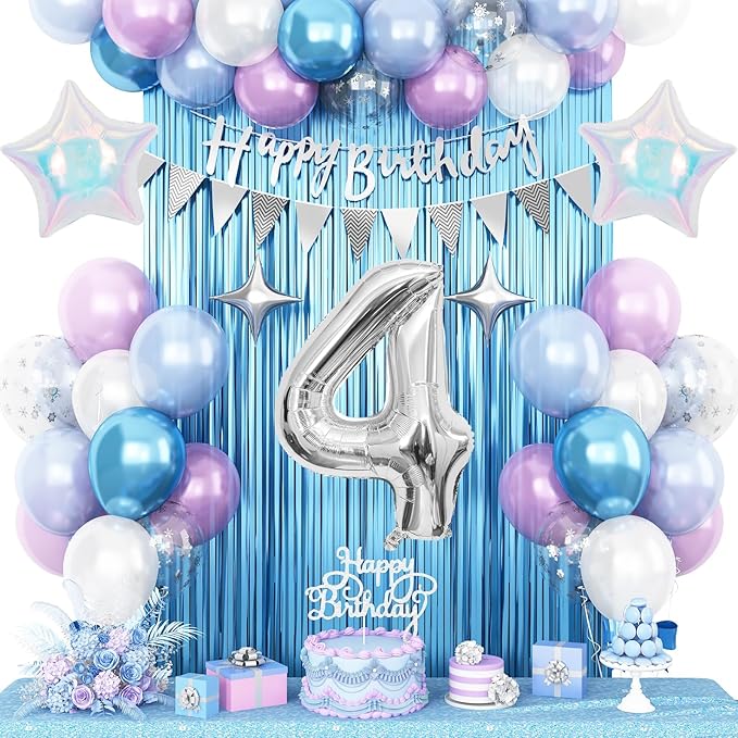 4th Snow Birthday Decorations for Girl, Blue Purple Balloons with Happy Birthday Banner Curtain Silver Number 4 Balloon Iridescent Star Foil Balloons for Girls Baby Shower Birthday Party Supplies
