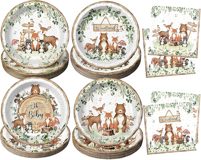 40 Pcs Woodland Plates and Napkins Tableware Sets for Woodland Baby Shower Party Supplies, Safari Jungle Animal Party Decorations Which Can Serve 20