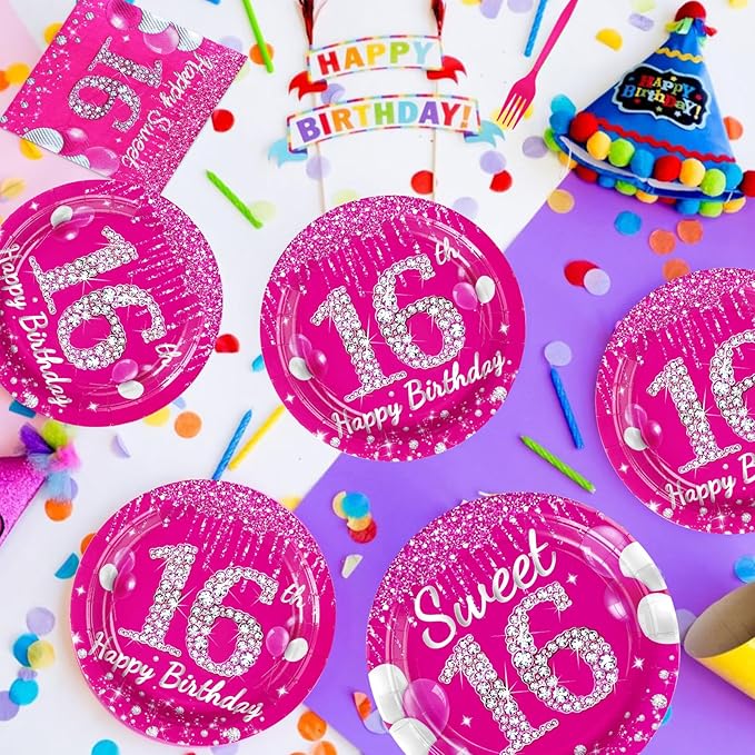 96Pcs 16th Birthday Party Supplies 350 GSM Hot Pink Sweet 16 Plates and Napkins Tableware Sets Sixteenth Birthday Decorations for Girls Happy 16 Years Old Party Favors, Serves 24