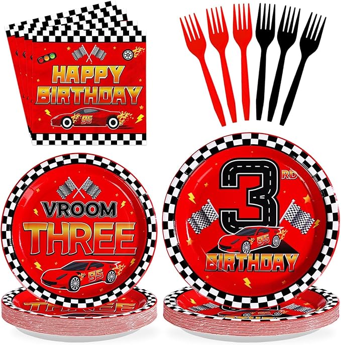 Grencian 96Pcs Red Race Car 3rd Birthday Party Decorations Supplies Hot Car Plates and Napkins Racing Themed Disposable Tableware Set for 3 years old Boys Transportation Birthday Party Serve 24