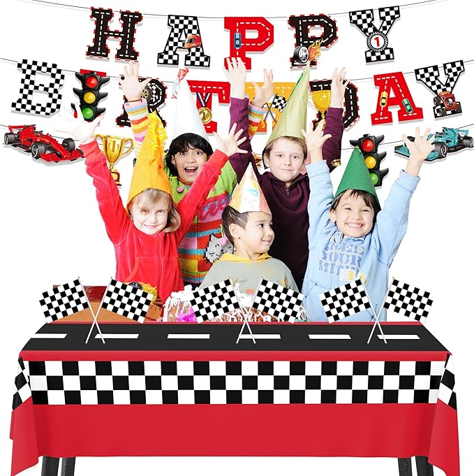 XIPEGPA Race Car Party Decorations - Happy Birthday Banner, Tablecloths for Race Car Birthday, Baby Shower Party Supplies (Red, Extra Large)