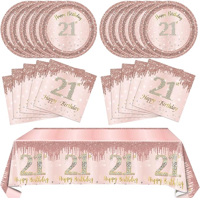 21st Birthday Decorations for Her,41Pcs Awesome Since 2005 Birthday Tableware Kit Party Supplies-Rose Gold 21 Years Old Disposable Paper Plates and Napkins,Tablecloth Set For Sweet Girls Women Party