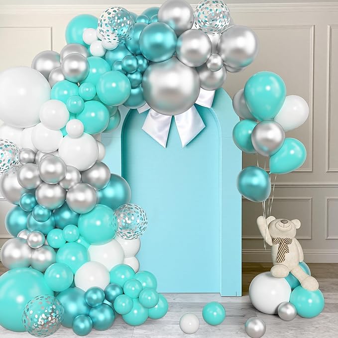 Amandir 153 Pcs Teal Balloons Arch Garland Kit, Different Sizes 18 12 10 5 Inch Teal Aqua Blue White Metallic Silver Green Confetti Turquoise Balloons Birthday Bridal Shower Wedding Party Decorations