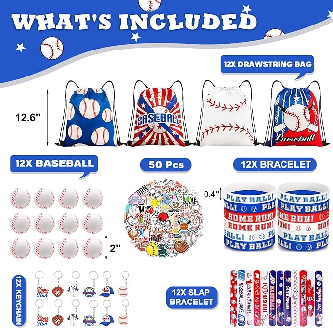 110Pcs Baseball Party Favors Drawstring Bags Baseball Goodie Bag with Mini Ball, Wristband, Slap bracelets, Keychains, Stickers for Baseball Party Supplies