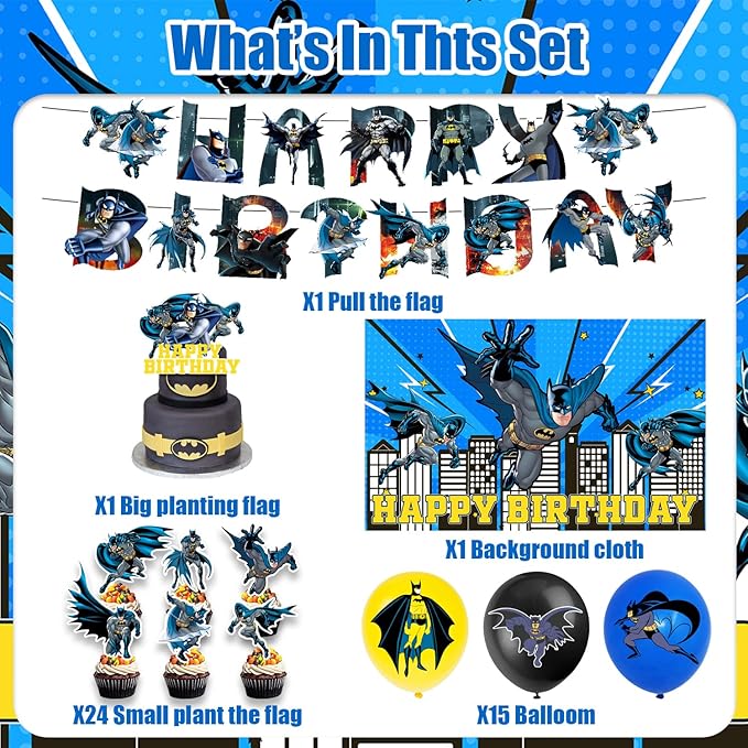 42pcs Batmans Birthday Party Supplies Pack Includes，Banner，Cake Topper，Blackdrop,Balloons for Bat party supplies (Batmans)