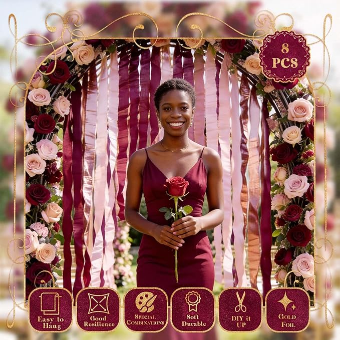 NICROLANDEE 8 Rolls Burgundy Rose Gold Crepe Paper Streamer Rolls for Birthday Wedding Engagement Bridal Shower Bachelorette Anniversary Valentine's Day Decorations