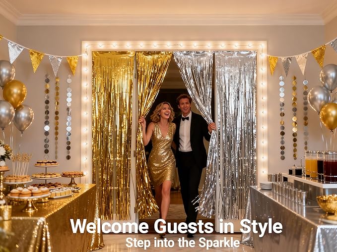 3 Packs Gold Silver Foil Fringe Curtains, Birthday Party Decorations Backdrop Tinsel Steamer, Wedding Engagement Bridal Shower Party Decorations Retirement Decor Graduation Party Backdrop