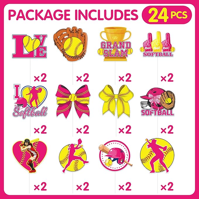 Softball Cupcake Toppers Decorations - 24 Pcs Sports Theme Birthday Cup Cake Topper Picks, Pink Yellow Baseball Sport Table Decor, Softball Holiday Party Supplies for Girls Kids Teens Women