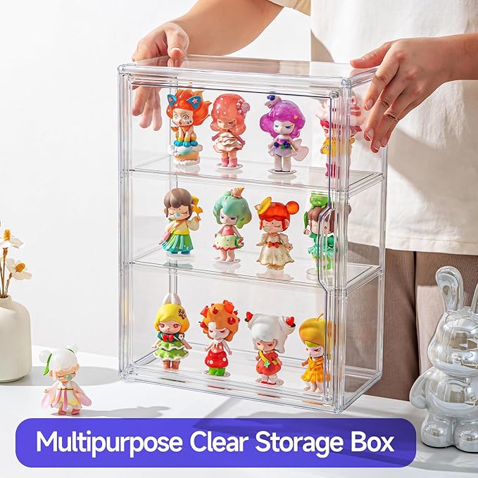 2 Pack Clear Display Case for Figures with Magnetic Door, Acrylic Display Cases for Collectibles, 3Tiers Acrylic Storage Organizers Box, Desktop or Wall-Mounted Showcase for Collectibles Action Figure