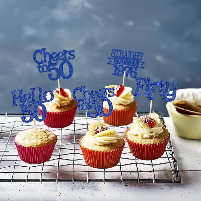 Ephlyn 24Pcs Happy 50th Birthday Cupcake Toppers Glitter Straight Outta 1976 Cupcake Picks Hello 50 Cheers to 50 Years Birthday Cake Decorations for 50th Birthday Anniversary Party Supplies Blue